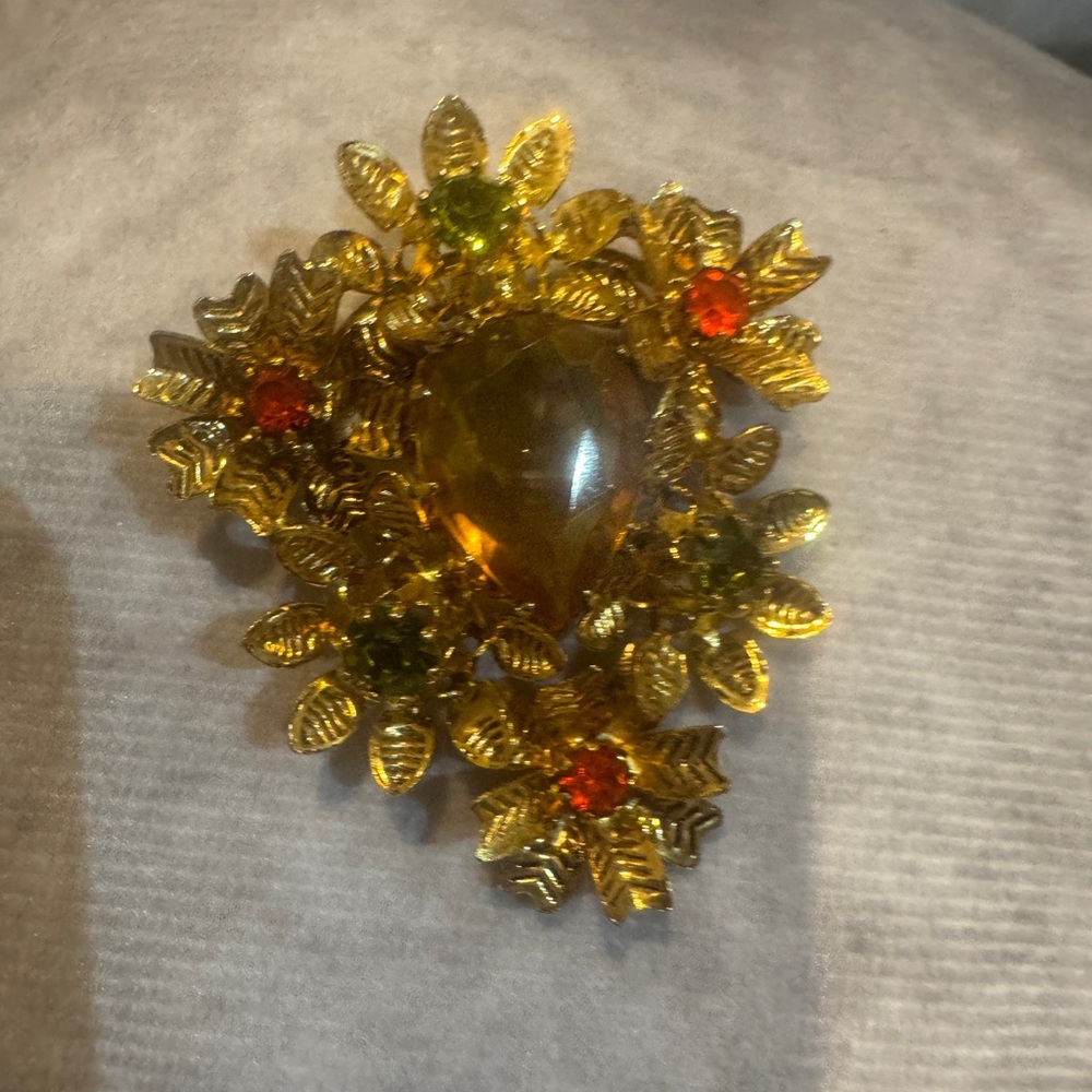 Vintage Gold Tone Austria Floral Brooch with Amber and Red Accents